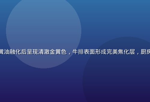 铸铁煎锅中正在煎制牛排，蓝风车澄清黄油融化后呈现清澈金黄色，牛排表面形成完美焦化层，厨房灯光温暖，黄油推荐网页煎炒场景示意